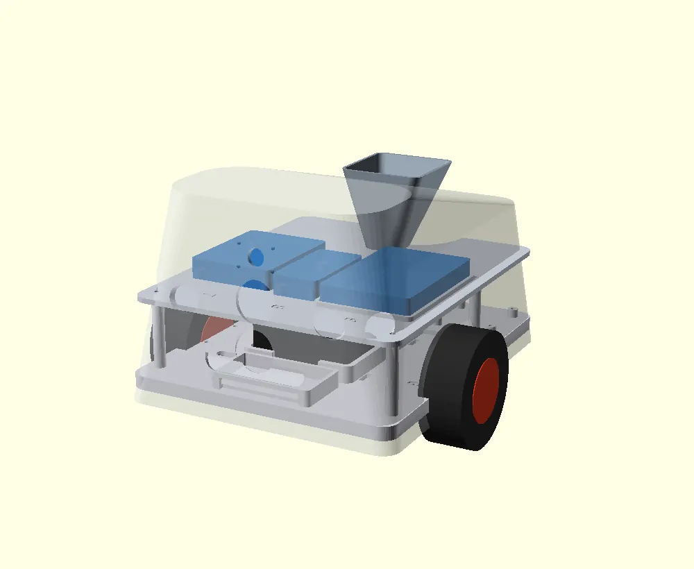 CAD render of CANIS — treat-dispenser hopper and electronics deck under a translucent shell, with drive wheels