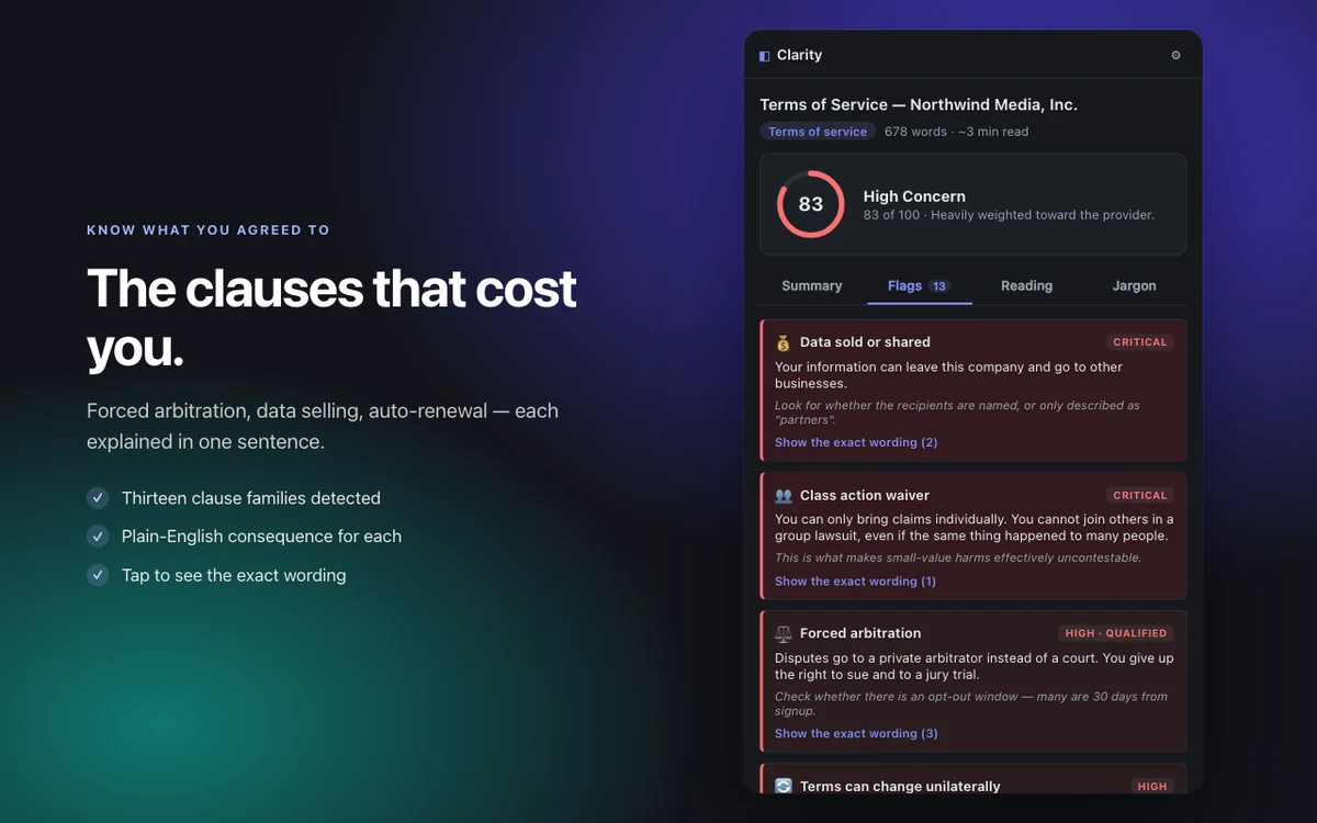 Clarity Chrome extension flagging a high-risk terms of service: data sold or shared, class action waiver, forced arbitration
